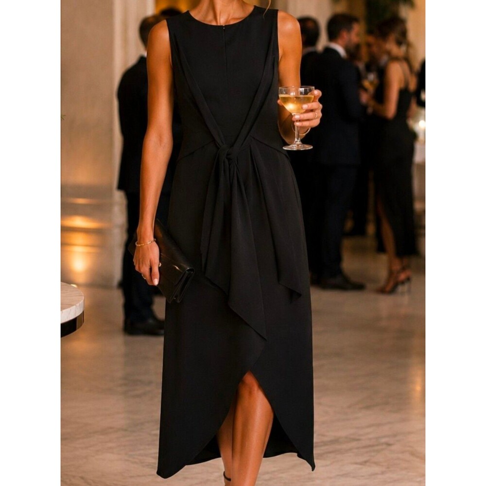 Sam Edelman Black Faux Wrap Midi Dress Size 10 Quiet Luxury Cocktail Sheath